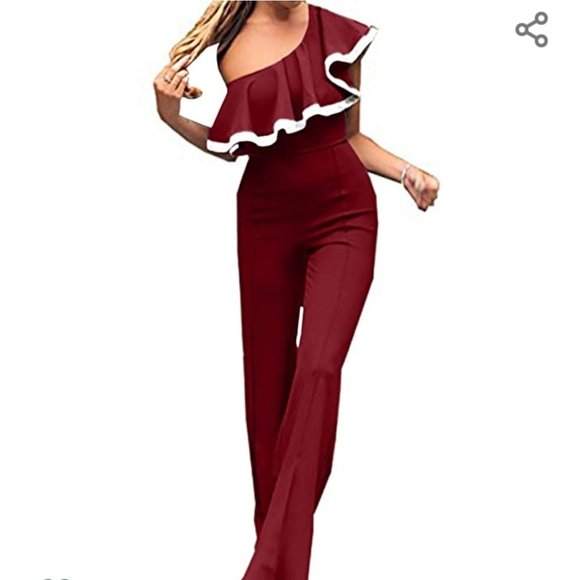 NWT One Shoulder Ruffle Bell Bottom 70s Jumpsuit. - Picture 2 of 7